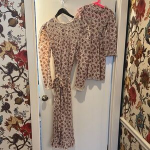 Doen Cream Maxi Dress with Burgundy Floral Print and Lace Trim